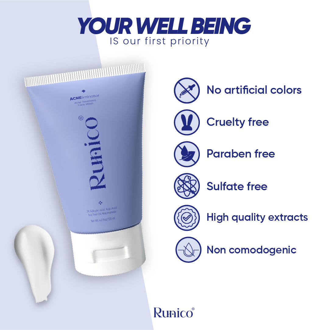 Runico Acne Eliminator Face Wash – 120ml  Daily Acne & Scar Treatment with 2% Salicylic Acid + Tea Tree Oil