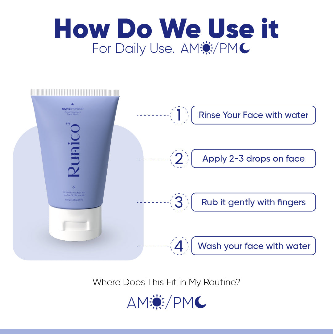 Runico Acne Eliminator Face Wash – 120ml  Daily Acne & Scar Treatment with 2% Salicylic Acid + Tea Tree Oil
